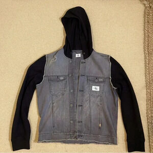 Calvin Klein Men’s Trucker Denim Hooded Jacket Distressed Washed Black